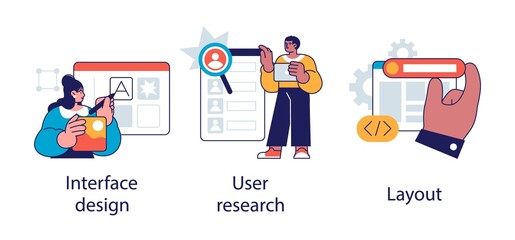 User interface development abstract concept vector illustration set. Interface design, user research, layout abstract metaphor.