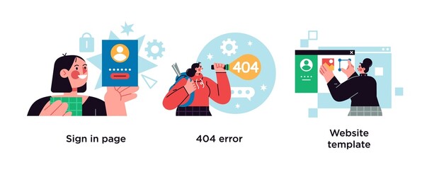 Website page interface abstract concept vector illustration set. Sign in page, 404 error, website template abstract metaphor.