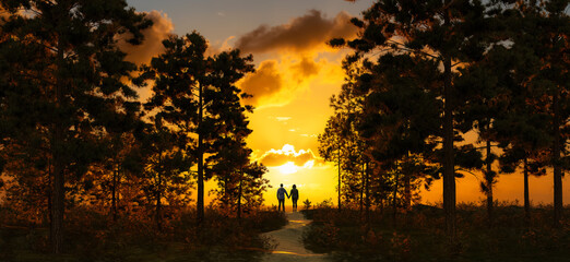 Wall Mural - magical scene in nature during dramatic colorful sunset. people holding hands standing. adventure 3d