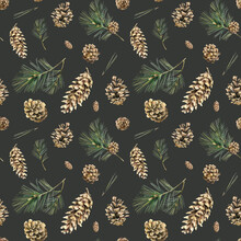 Watercolor Botanical Seamless Wallpaper With Pine Branches And Cones. Evergreen Repeating Texture Isolated On Dark Background. Pattern For Wrapping Paper, Print Or Fabric.