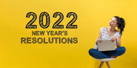 Poster - 2022 New Years Resolutions with young woman using a laptop computer