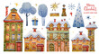 © Valentina - Watercolor Christmas set of winter European houses with Christmas trees, trees, decorations and gifts. A cute illustration for creating your own city or street from houses, a part of a stone wall