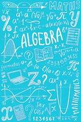 Wall Mural - Maths symbols icon set. Algebra or mathematics subject cover doodle design. Education and study concept. Back to school sketchy background for notebook, not pad, sketchbook. Hand drawn illustration.