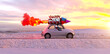 canvas print picture - Frau fährt im Silvester Auto mit Raketenantrieb Richtung Sonnenaufgang