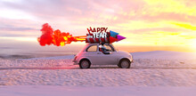 Frau Fährt Im Silvester Auto Mit Raketenantrieb Richtung Sonnenaufgang