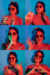 © golubovy - Neon face flyer. Portrait collage. Generation Z. Different emotion woman headshot composition in red light isolated on blue background set of 6.