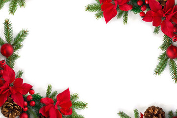 Christmas decoration. Frame of flowers of red poinsettia, branch christmas tree, red berries and cones on white background with space for text. Top view, flat lay