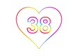 Number 38 into a white heart with rainbow color outline.