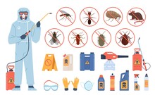 Disinfection Service. Man In Uniform. Antiparasitic Chemicals. Insect And Rodent Control Worker With Insecticidal Equipment. Professional Equipping. Vector Parasite Extermination Set