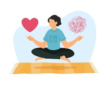 Concentration. Mental Health. Woman Meditating. Girl Sitting In Lotus Position And Flying. Person Practicing Yoga And Choosing Between Love And Doubts. Vector Heart Or Tangled Cord