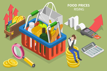 3D Isometric Flat Vector Conceptual Illustration of Food Prices Rising, High Family Expenses