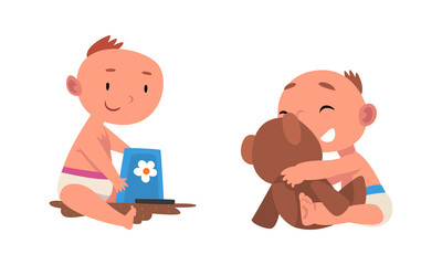 Sticker - Funny Baby in Diaper Playing with Teddy Bear and Bucket Vector Set