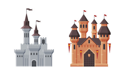 Sticker - Medieval Castle with Tall Stone Tower and Flag on Top Roof Vector Set