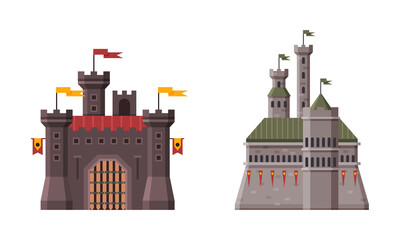 Poster - Medieval Castle with Tall Stone Tower and Flag on Top Roof Vector Set