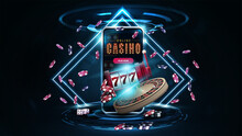 Online Casino, Banner With Podium With Smartphone, Casino Slot Machine, Casino Roulette And Poker Chips In Dark Scene With Neon Rhombus Frames And Hologram Of Digital Rings