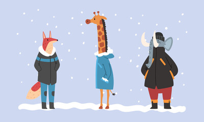 Sticker - Animals Wearing Warm Winter Clothes Walking in Snowy Weather Vector Set