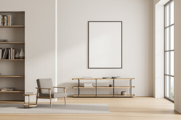 Sticker - Bright living room interior with empty white poster, panoramic window