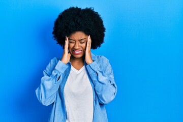 Canvas Print - Young african american woman wearing casual clothes with hand on head, headache because stress. suffering migraine.