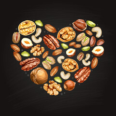 Sticker - Watercolor nut collection. different types of nuts in the shape of heart