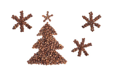 Figure of a Christmas tree and snowflakes made from roasted coffee beans. White isolated background. Cafe decoration element.