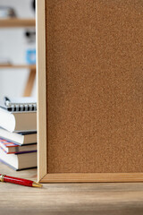 Canvas Print - Back to school concept. Cork board frame background at table in office