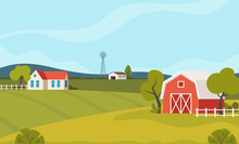 Farm Scene With Red Barn And Windmill, Trees, Fence, Haystack. Rural Landscape. Agriculture And Farming Concept. Cute Vector Illustration.