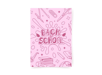 Back to school poster. Pink hand drawn illustration with school supplies in doodle style. Education concept. Vector