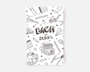 Back to school poster. Monochrome hand drawn illustration with school supplies in doodle style. Education concept. Vector on white background