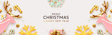 Banner Merry Christmas And Happy New Year Gift Card. Xmas Holiday Background. Realistic 3d Design, Gift Boxes, Christmas Pink Deer, Decorative Snowflakes And Candies. Gold Confetti. Vector Illustrator
