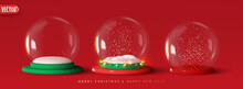 Set Of Glass Snow Globe Christmas Decorative Design. Podium Under Transparent Glass Dome With White Snowdrift, And Glow Garland. Xmas Red Round Scene. Red And White Studio. Stand For Promotion Product