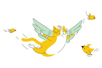 Sticker - Funny cat with wings flies with birds