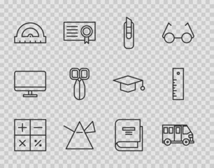 Sticker - Set line Calculator, School Bus, Stationery knife, Light rays in prism, Protractor, Scissors, Book and Ruler icon. Vector