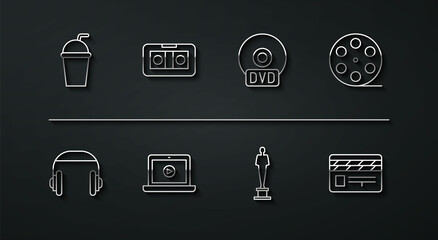 Poster - Set line Paper glass with straw, Headphones, Film reel, Movie trophy, Online play video, VHS cassette tape, clapper and CD or DVD disk icon. Vector