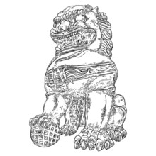 Imperial Guardian Lion, Foo Dog Or Fu Dog In Western Languages And English. Stylized Chinese Lion, Male With A Ball. Protect The Building From Harmful Spiritual Influences. Vector.