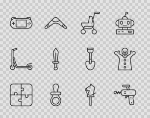 Sticker - Set line Puzzle pieces toy, Ray gun, Baby stroller, dummy pacifier, Portable video game console, Sword, Toy horse and puppet doll hand icon. Vector