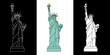 3 versions de la silhouette de la statue de la Liberté de face, dessins couleur sur fond blanc et au contour blanc ou en silhouette blanche sur fond noir.