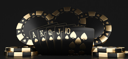 Modern Black And Golden Royal Flush In Spades Poker Playing Cards And Chips On Black Background - 3D Illustration