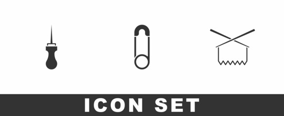 Sticker - Set Awl tool, Safety pin and Knitting needles icon. Vector