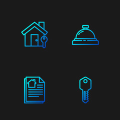 Sticker - Set line House key, contract, with and Hotel service bell. Gradient color icons. Vector