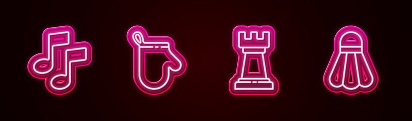 Sticker - Set line Music note, tone, Oven glove, Business strategy and Badminton shuttlecock. Glowing neon icon. Vector