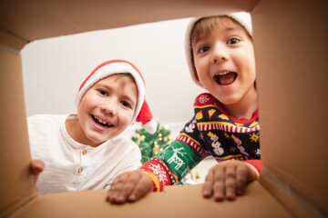 happy surprised caucasian little boys in santa's hat looking inside a cardboard box, at home near ch