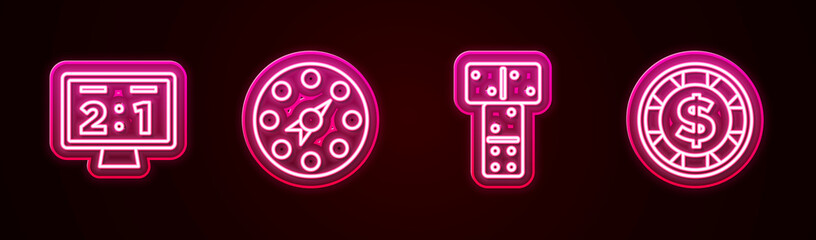 Poster - Set line Sport mechanical scoreboard, Twister game, Domino and Casino chip with dollar. Glowing neon icon. Vector