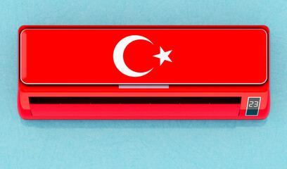 Air conditioner with Turkish flag on the wall. House climate control system in Turkey. 3D rendering