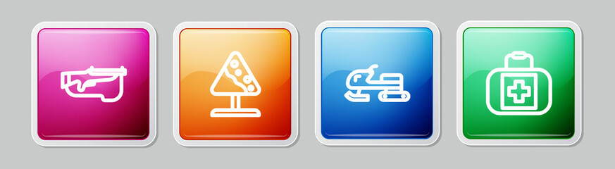 Wall Mural - Set line Biathlon rifle, Road sign avalanches, Snowmobile and First aid kit. Colorful square button. Vector