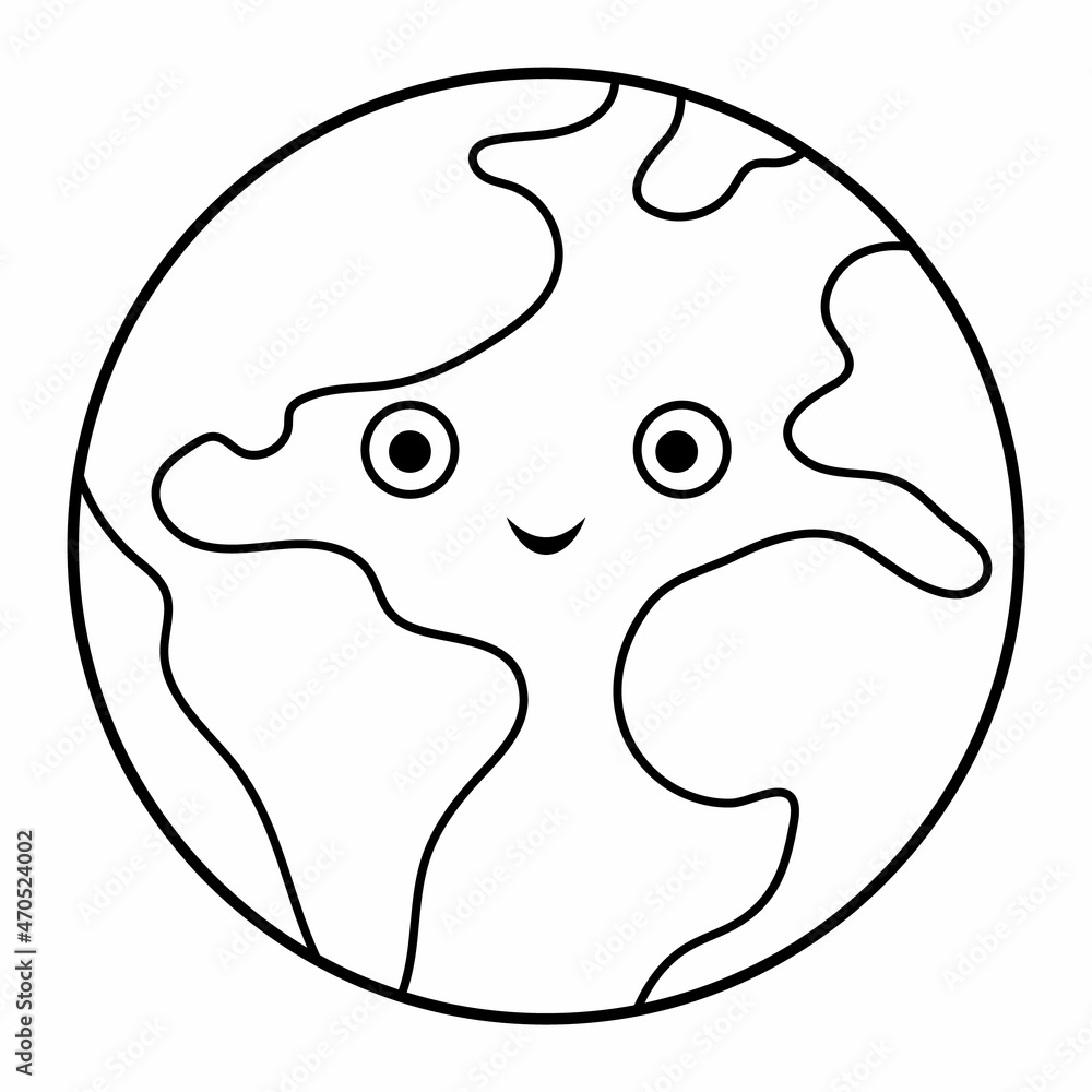 Vector black and white earth illustration for children. Outline smiling  planet icon isolated on white background. Space coloring page for kids .  Stock Vector | Adobe Stock, image size:1000x1000
