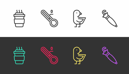 Sticker - Set line Coffee cup to go, Meteorology thermometer, Little chick and Umbrella on black and white. Vector