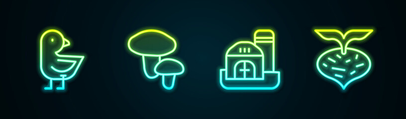 Sticker - Set line Little chick, Mushroom, Farm house and Beet. Glowing neon icon. Vector