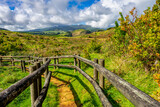 Fototapeta  - Pieszy szlak po polach siarkowych, zabezpieczony drewnianym ogrodzeniem Furnas De Enxofre, Terceira, Azores, Portugalia