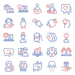 People icons set. Included icon as Stop shopping, Three fingers, Face recognition signs. User communication, Survey, Friends couple symbols. Presentation board, Work home, Smile. Heart. Vector