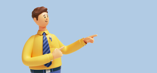 3d render. Cartoon character young man isolated on blue background. Funny guy wears yellow shirt and blue tie. Caucasian male shows Index finger gesture. Best offer presentation concept